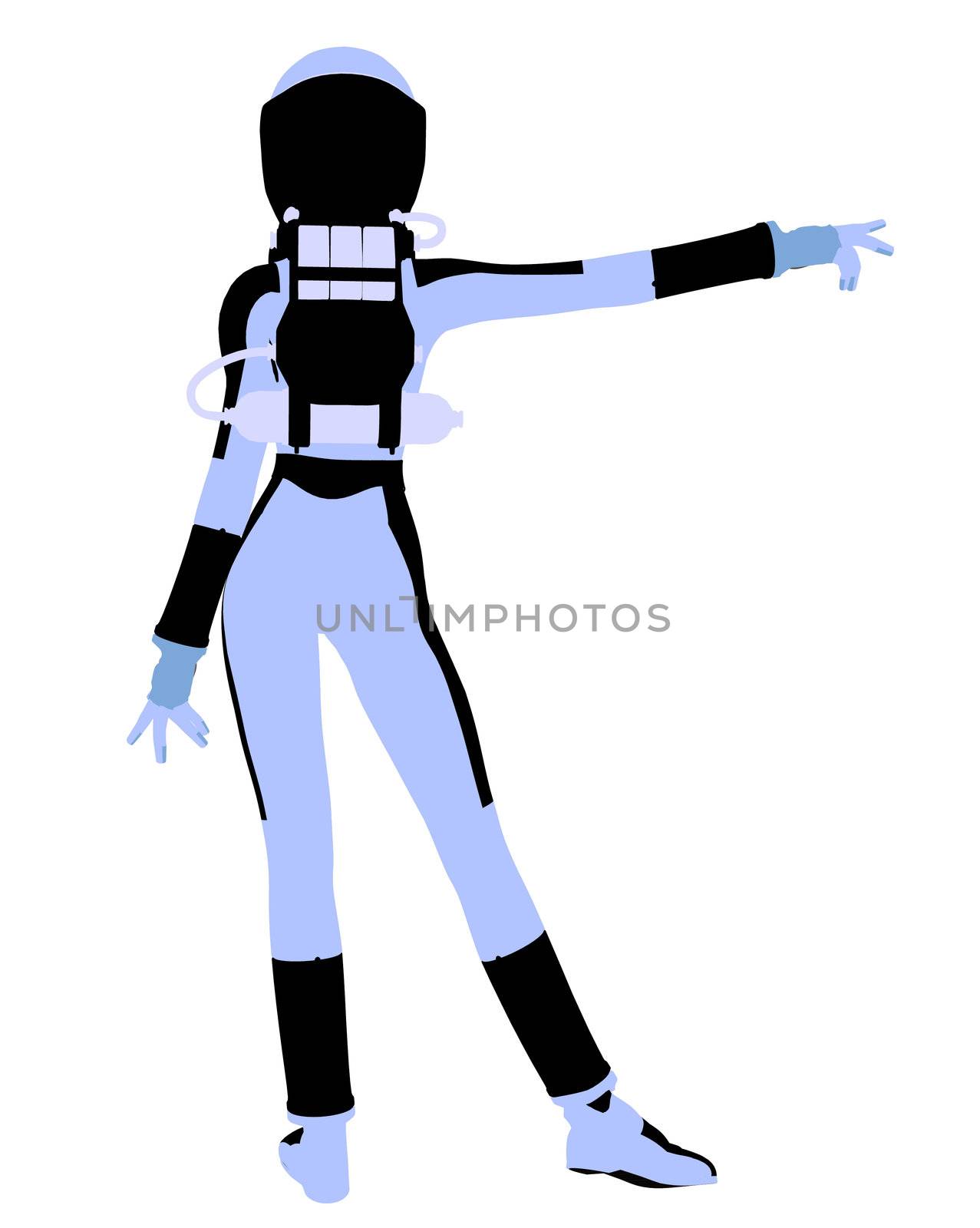 A female astronaut silhouette illustration on a white background