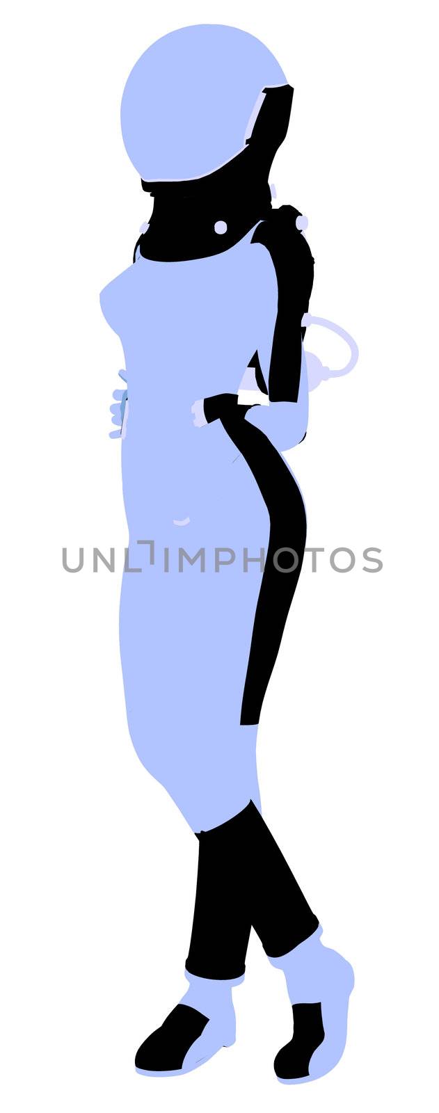 A female astronaut silhouette illustration on a white background