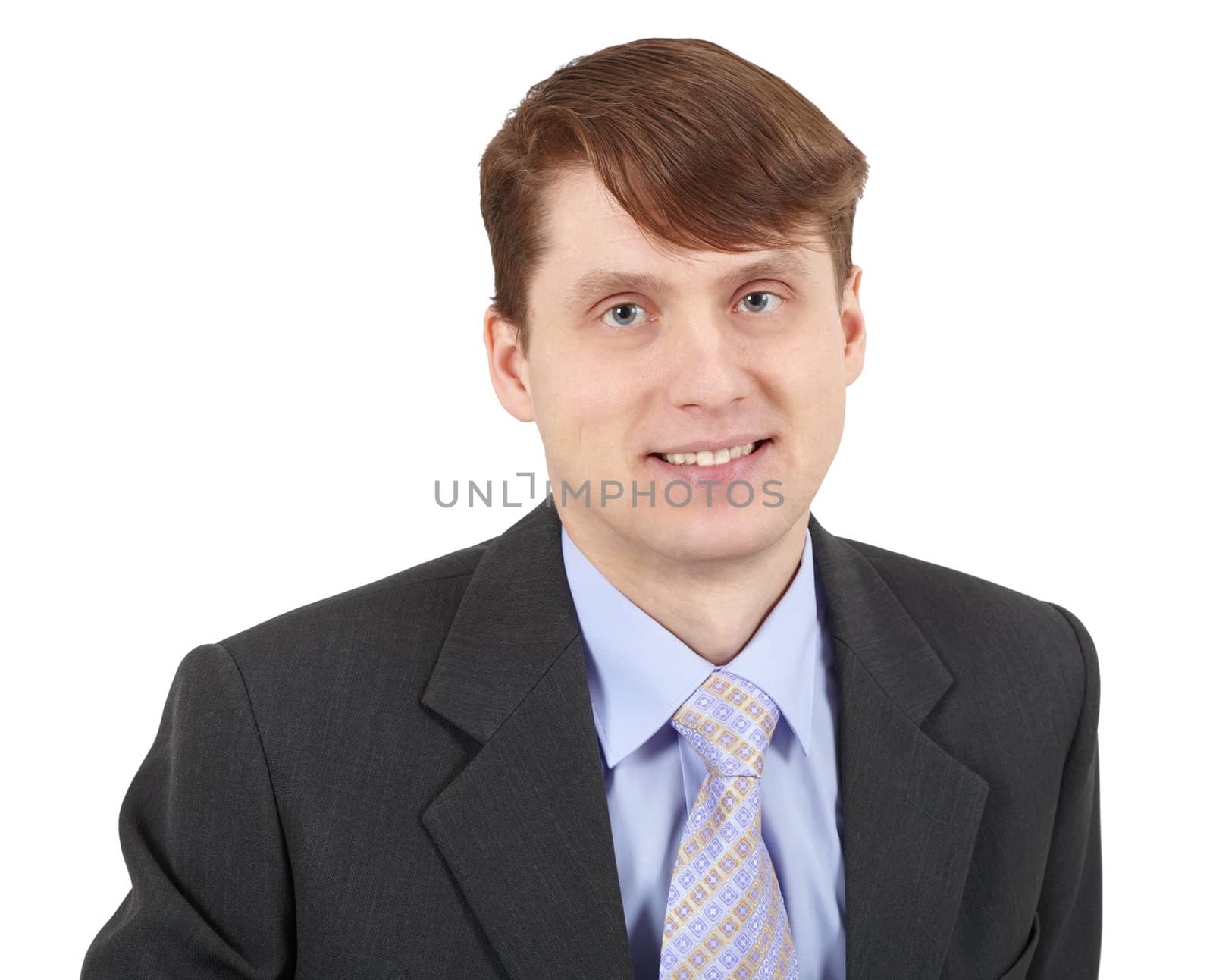 Portrait of smiling young successful businessman isolated on white background