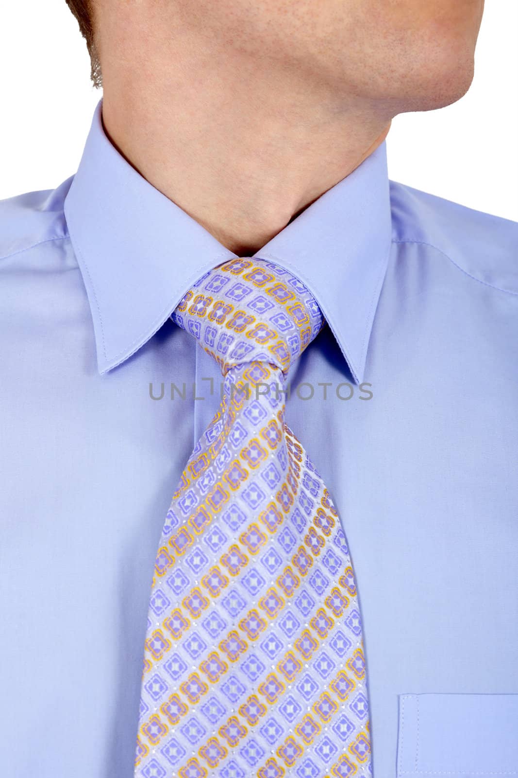 Blue shirt and tie with a pattern, close-up