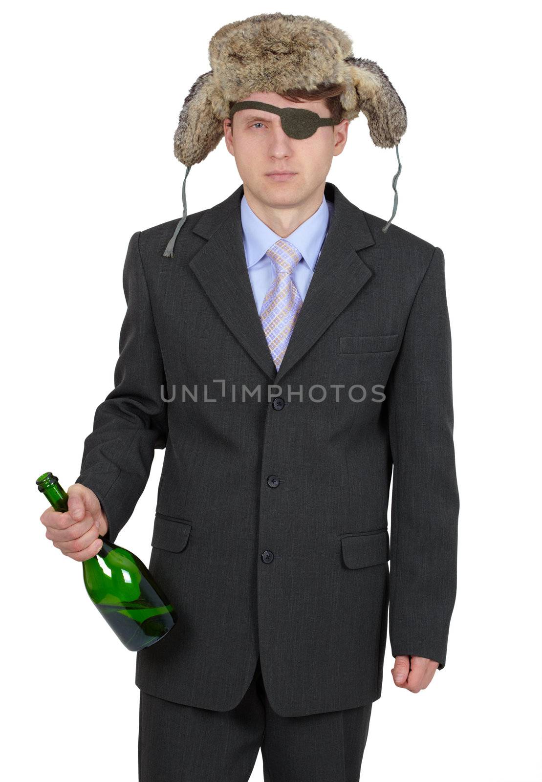 Funny drunk man in a fur hat with a bottle in his hand, stands on a white background