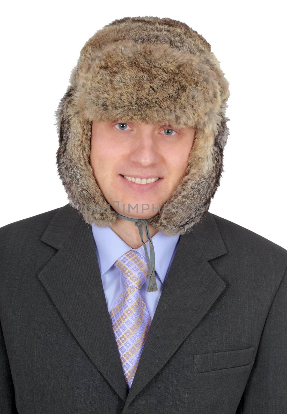 Portrait of a Russian businessman in fur hat isolated on white background