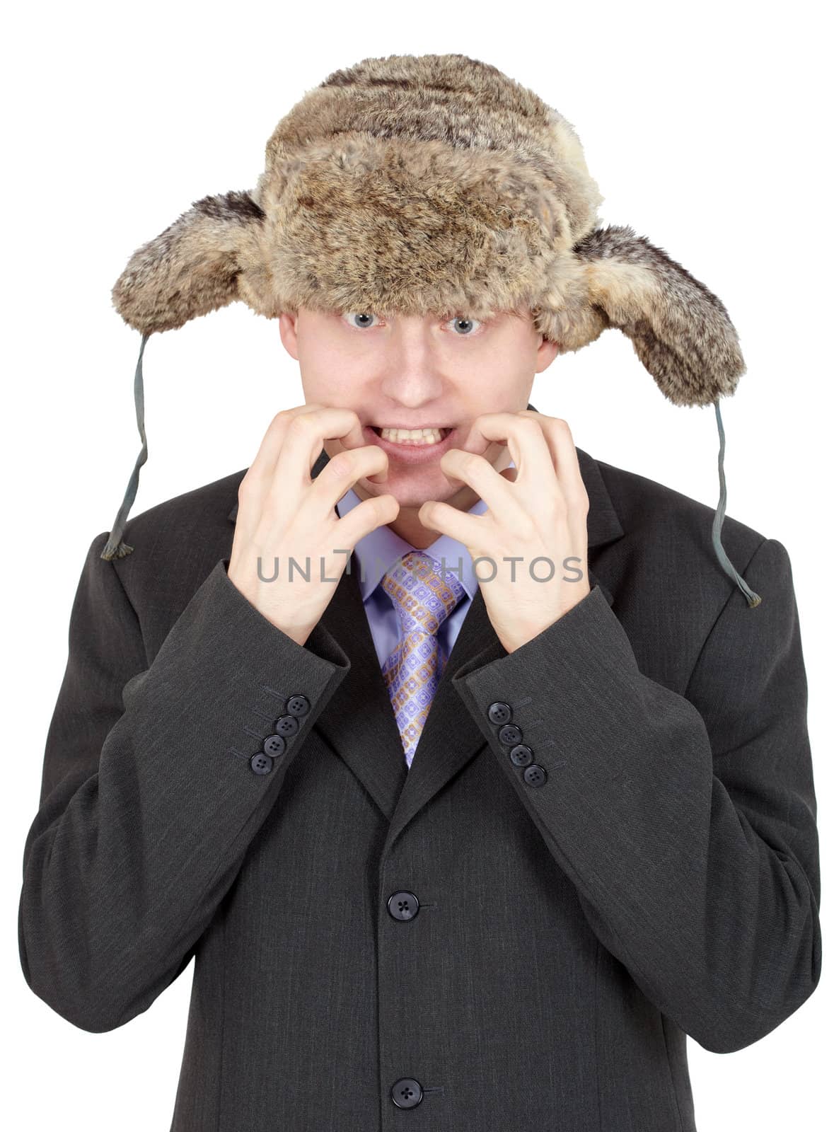 Emotional comical Russian man in a fur hat and coat on a white background