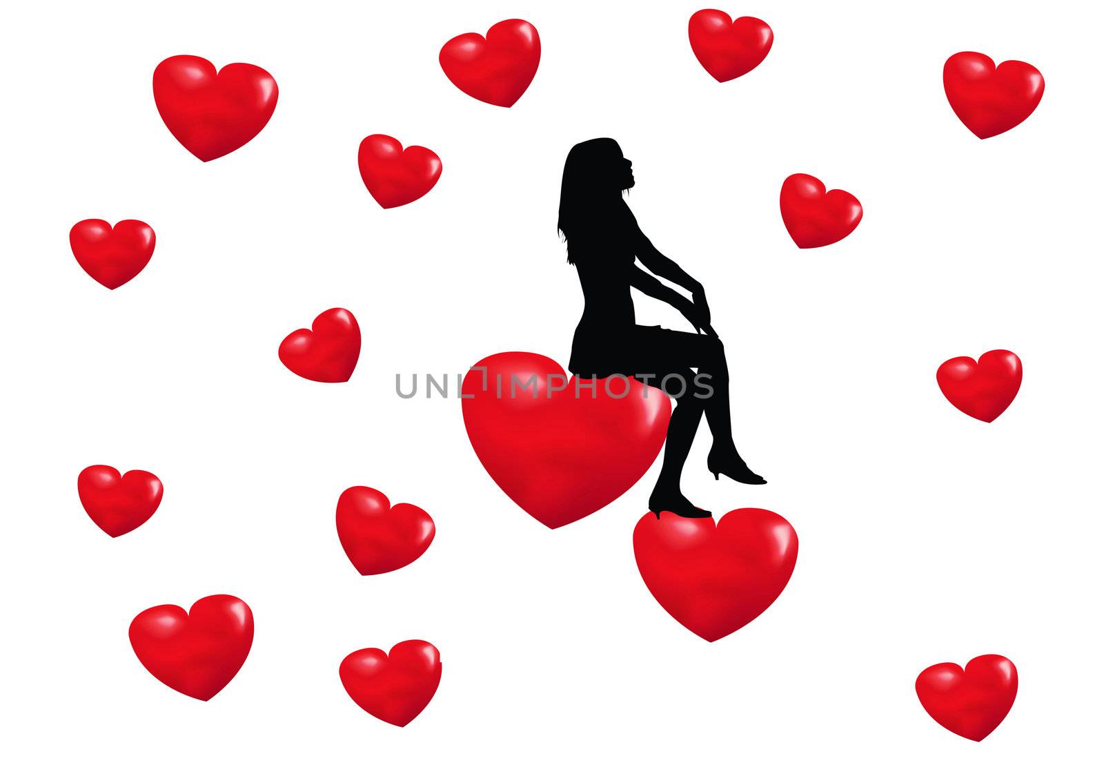 A beautiful girl sitting on the red shining heart
