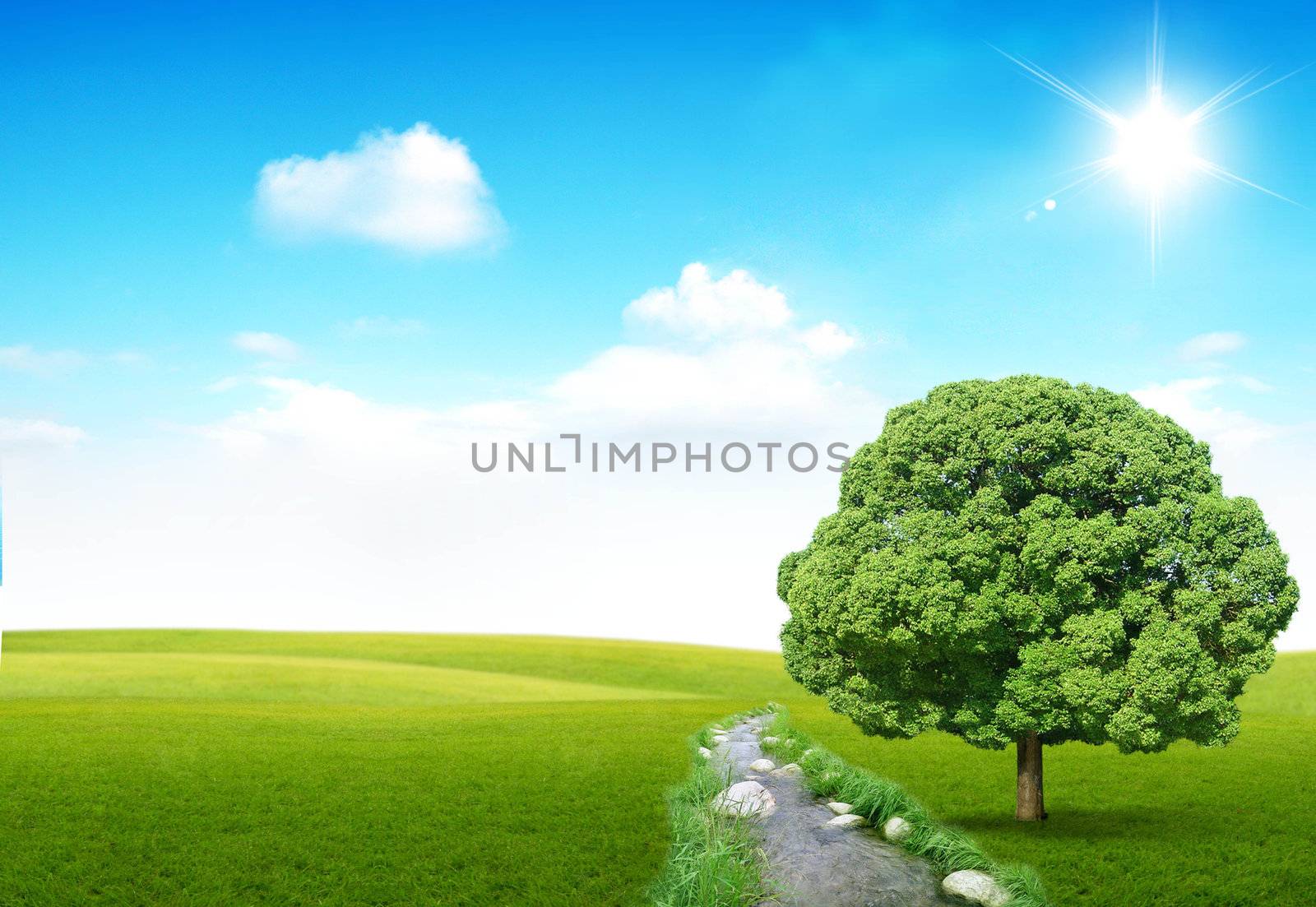 Nice river and a green tree on blue sky background