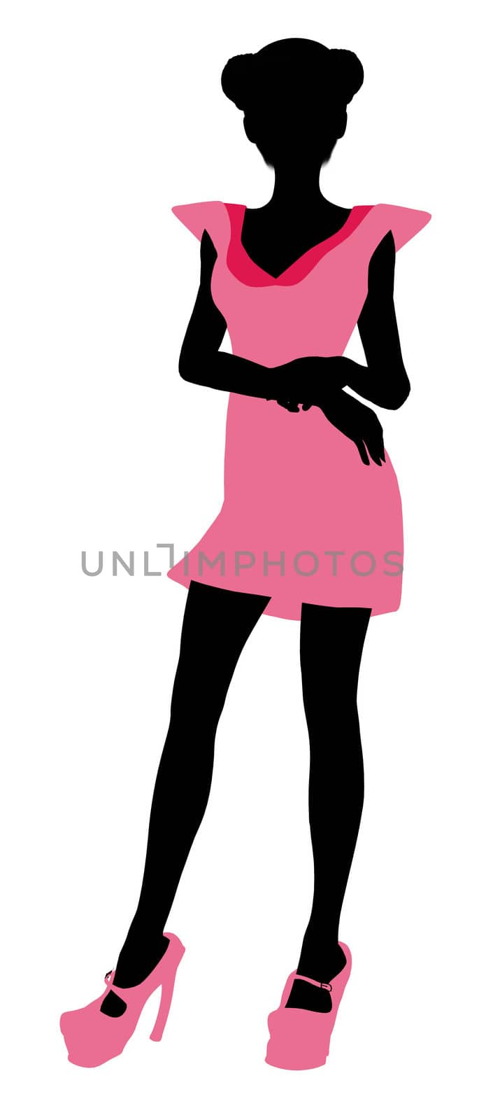 A girl silhouette fashionably dressed in a pink dress on a white background