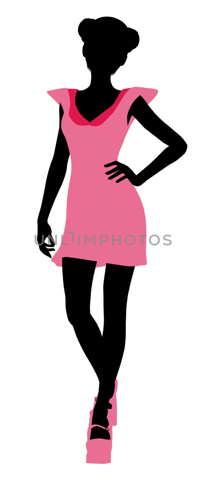 A girl silhouette fashionably dressed in a pink dress on a white background