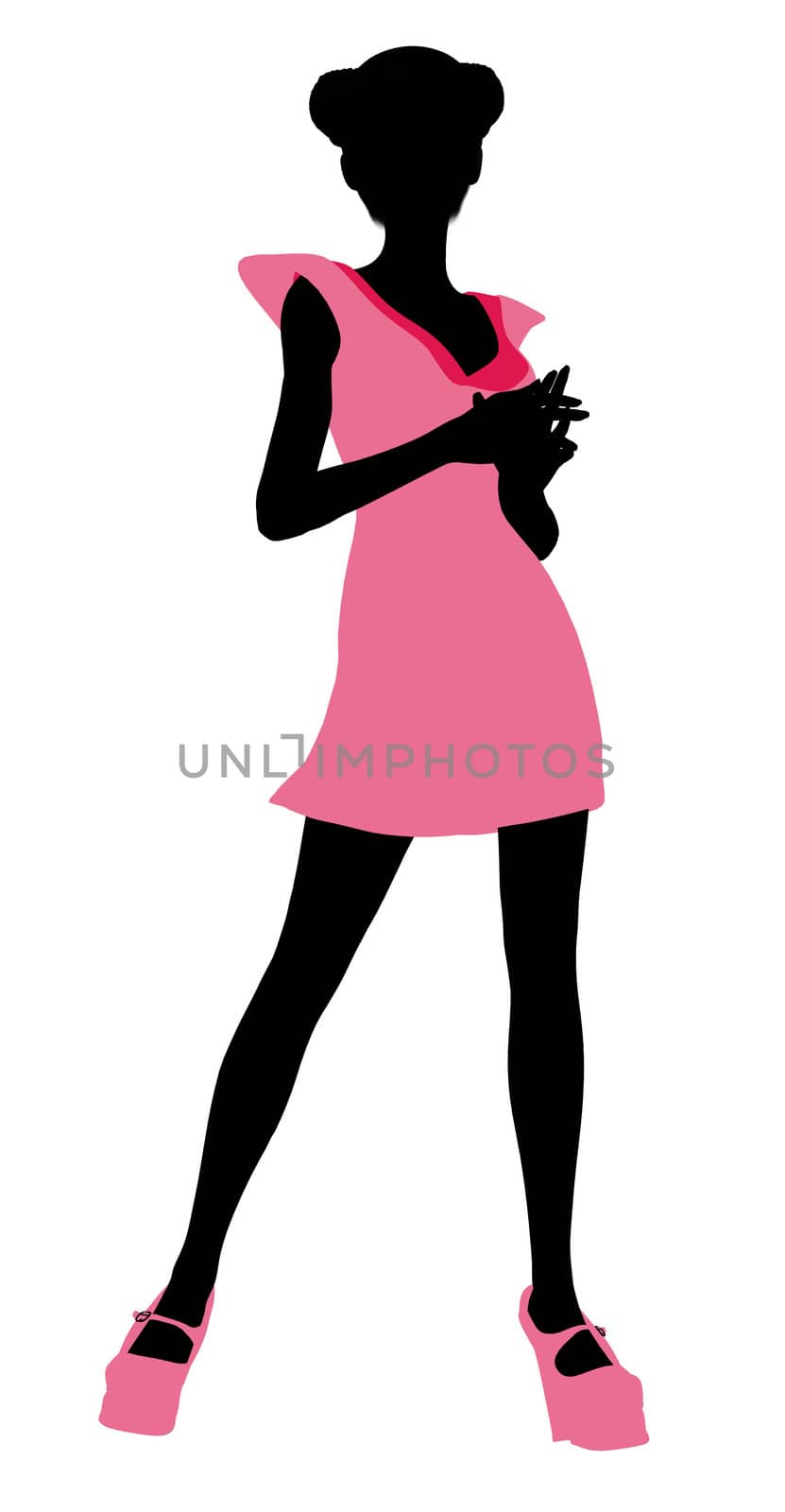 A girl silhouette fashionably dressed in a pink dress on a white background