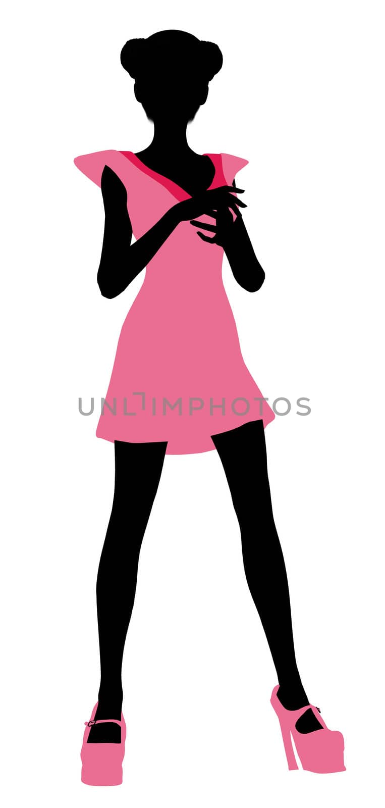 A girl silhouette fashionably dressed in a pink dress on a white background