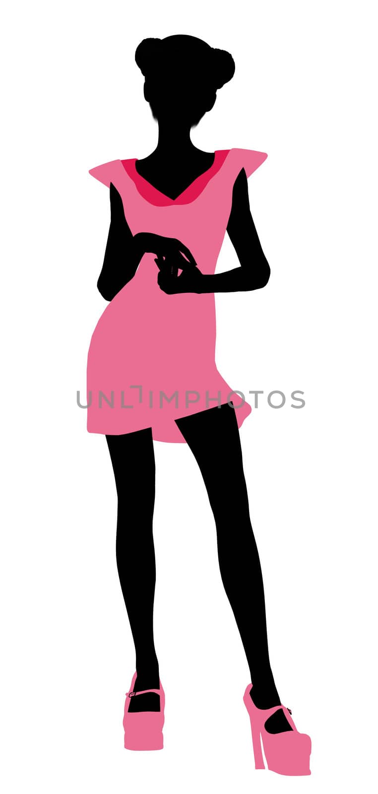 A girl silhouette fashionably dressed in a pink dress on a white background
