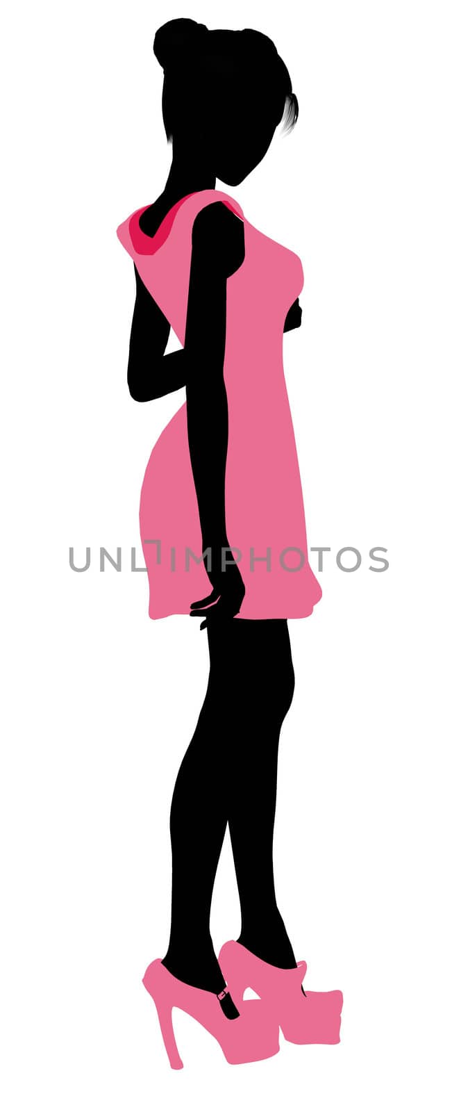 A girl silhouette fashionably dressed in a pink dress on a white background
