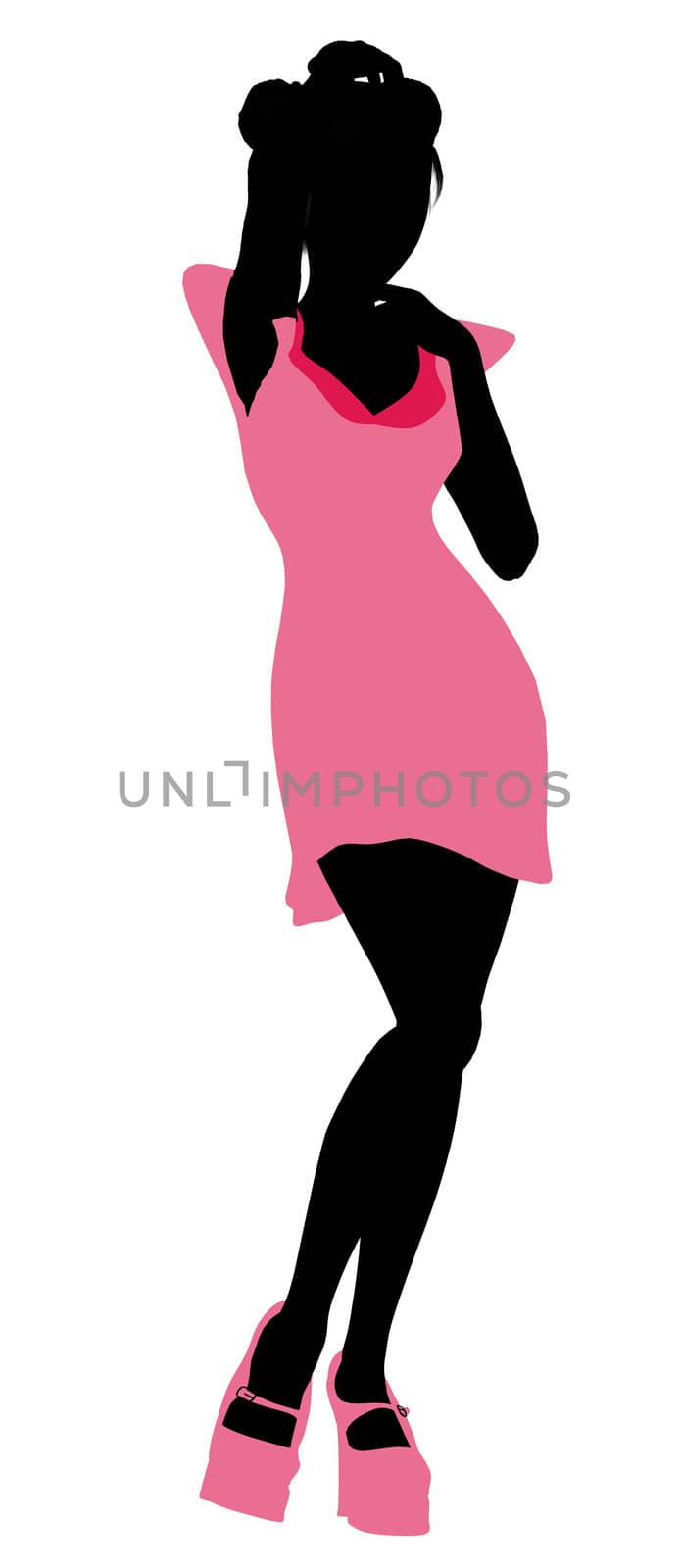A girl silhouette fashionably dressed in a pink dress on a white background