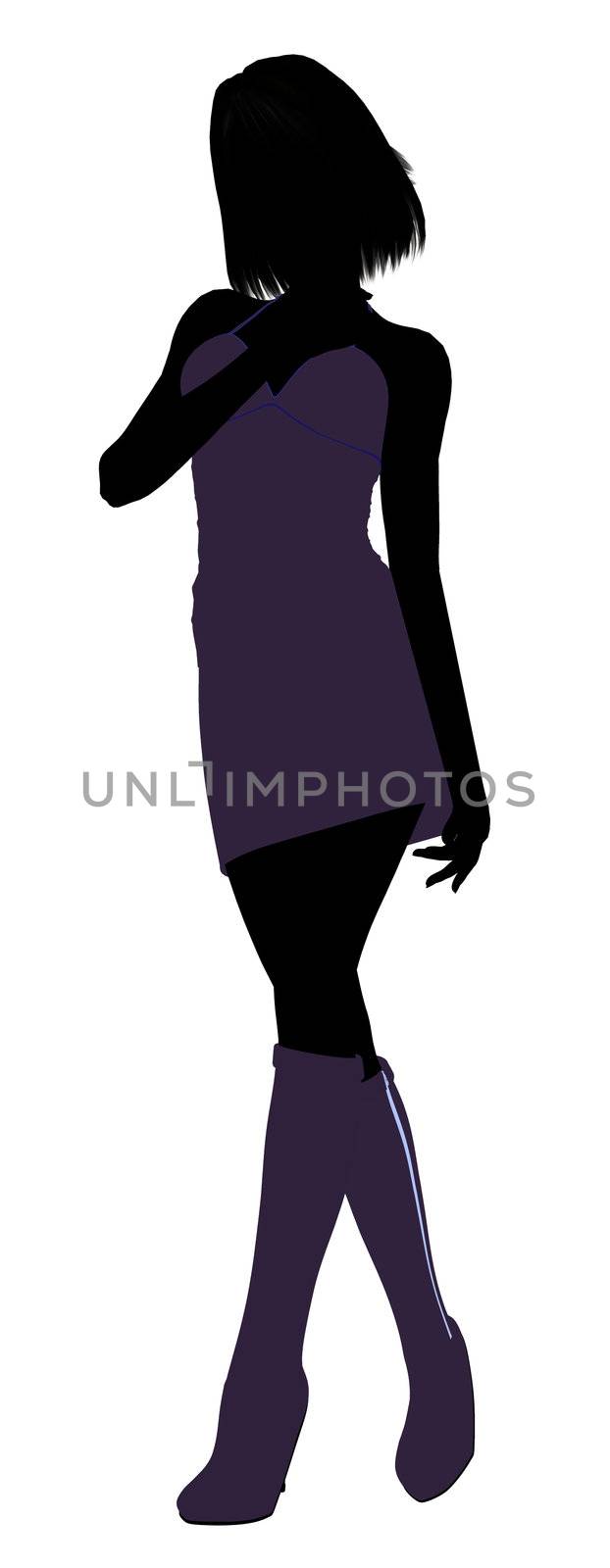A girl silhouette fashionably dressed in a purple dress on a white background