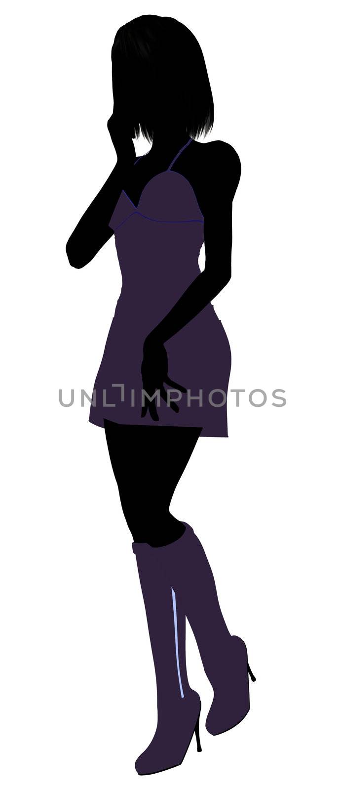 A girl silhouette fashionably dressed in a purple dress on a white background