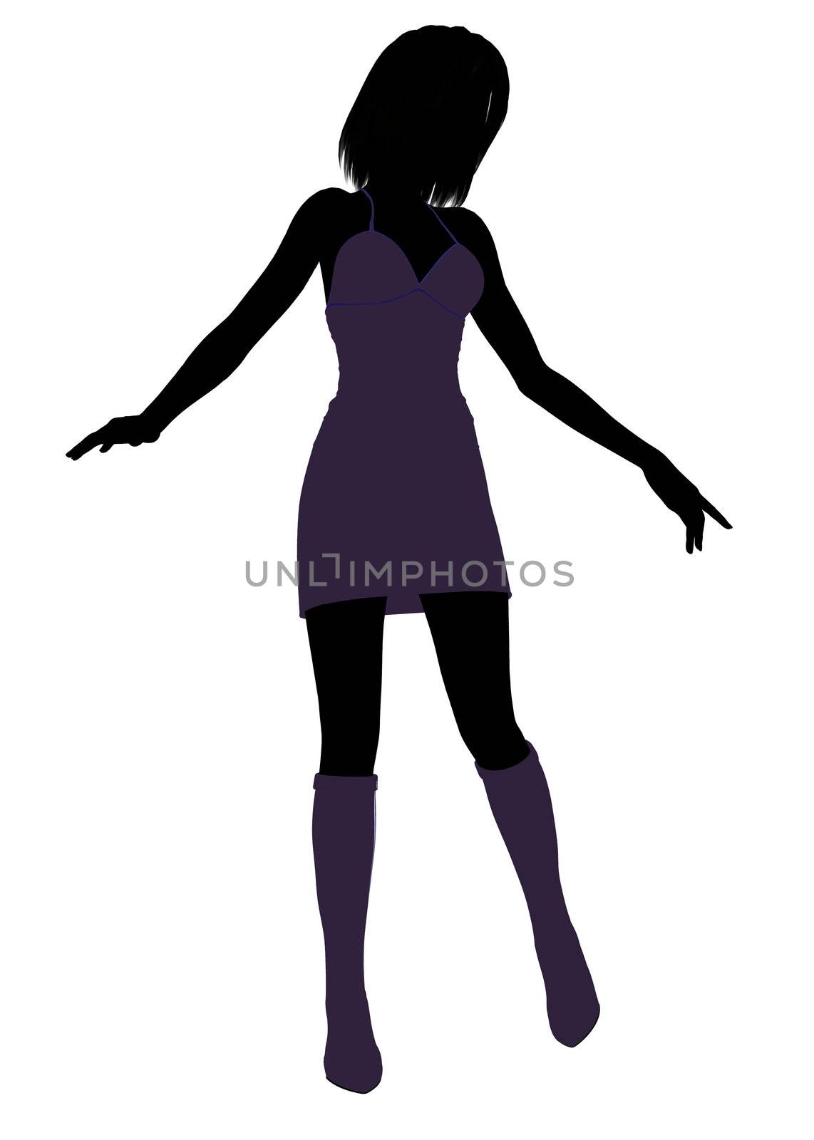 A girl silhouette fashionably dressed in a purple dress on a white background