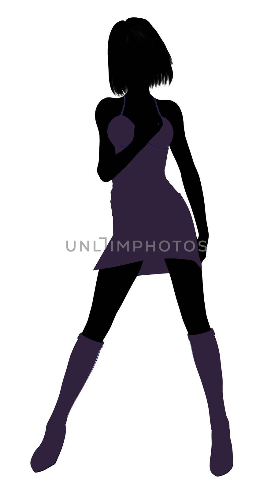 A girl silhouette fashionably dressed in a purple dress on a white background