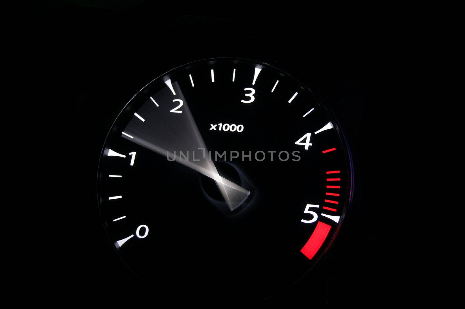 moving revs meter of a sports car on a black background.