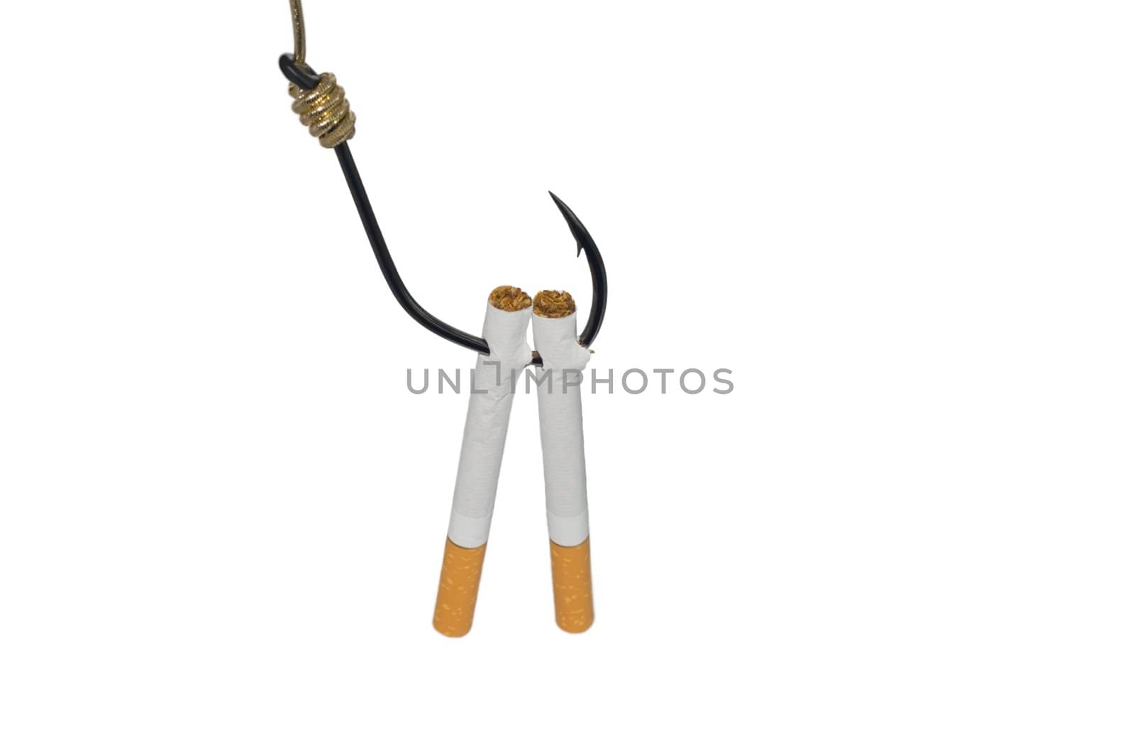 Cigarettes on fishing hook , isolated on a white background
