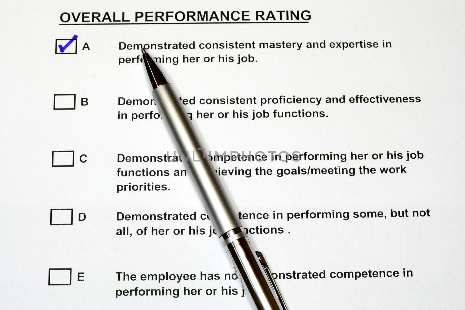 Overall Performance Rating Form with pen checked A