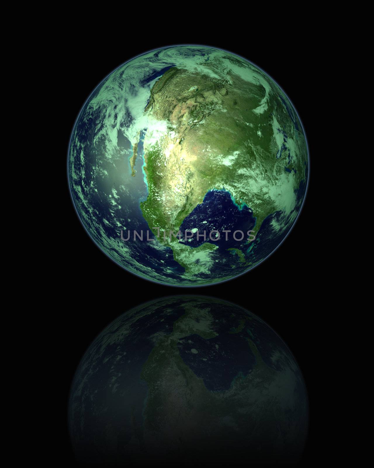 3D Render of Globe with Reflection in Black Background