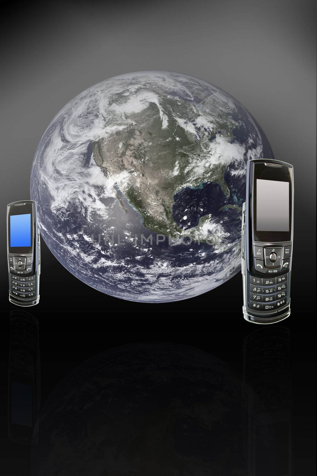 Two mobile phone with Globe - global communication thru cellphone