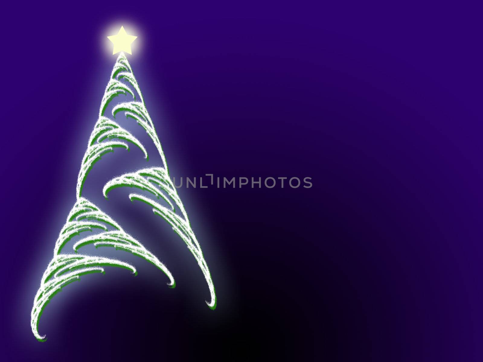 Soft focus frosted Christmas tree and glowing star with copyspace area