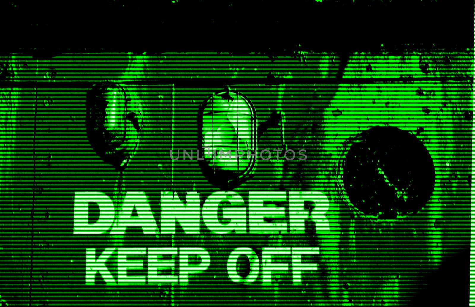 scene in the style of night vision imaging of a structure with the words danger keep off