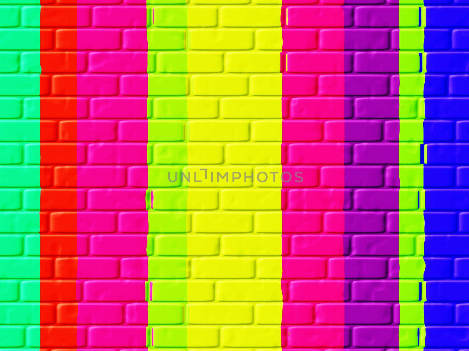 Colourful abstract brickwork pattern overlaid with vertical colour stripes and bars