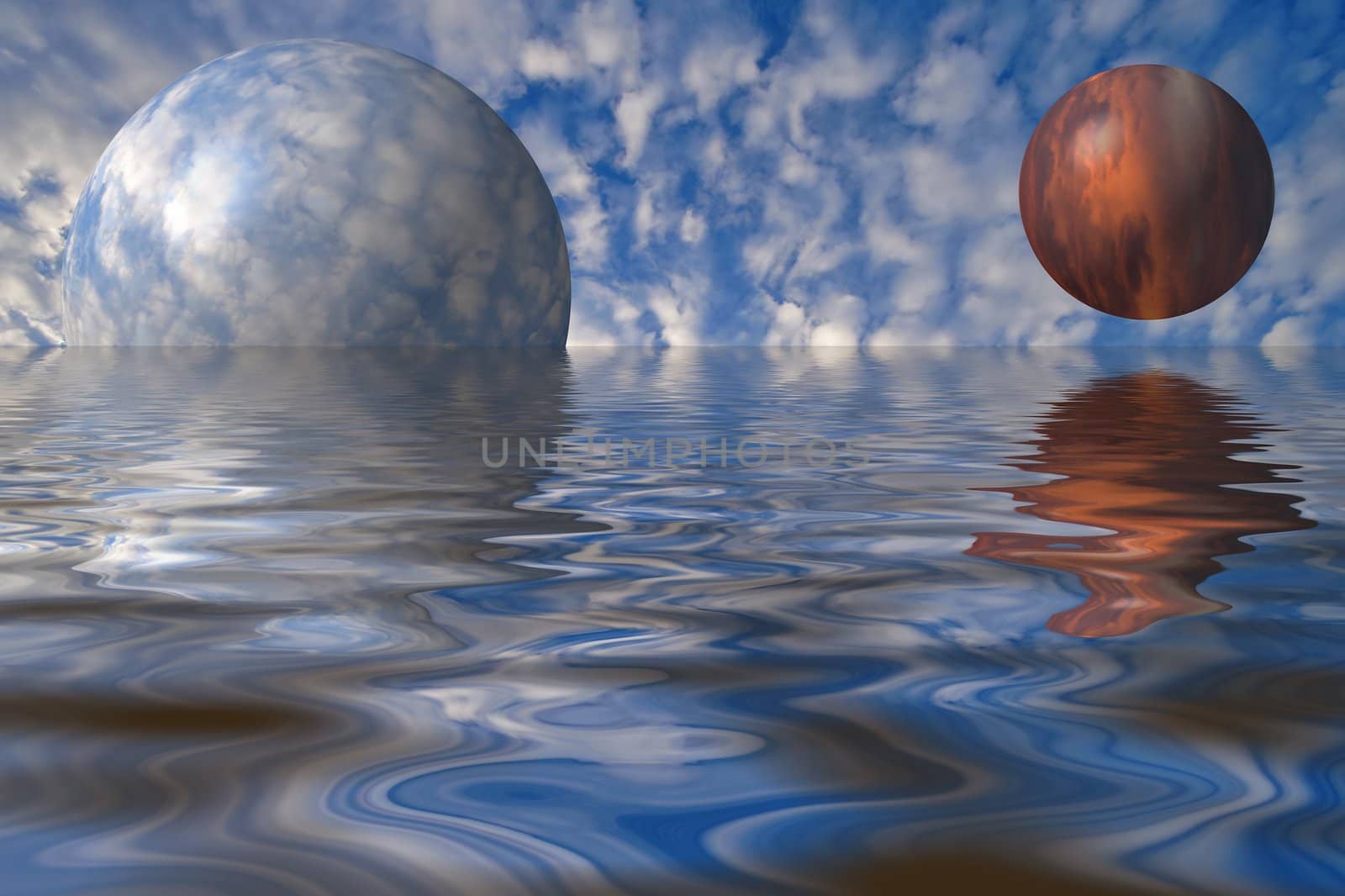 Two orbs of different sky on cloudy background with reflection