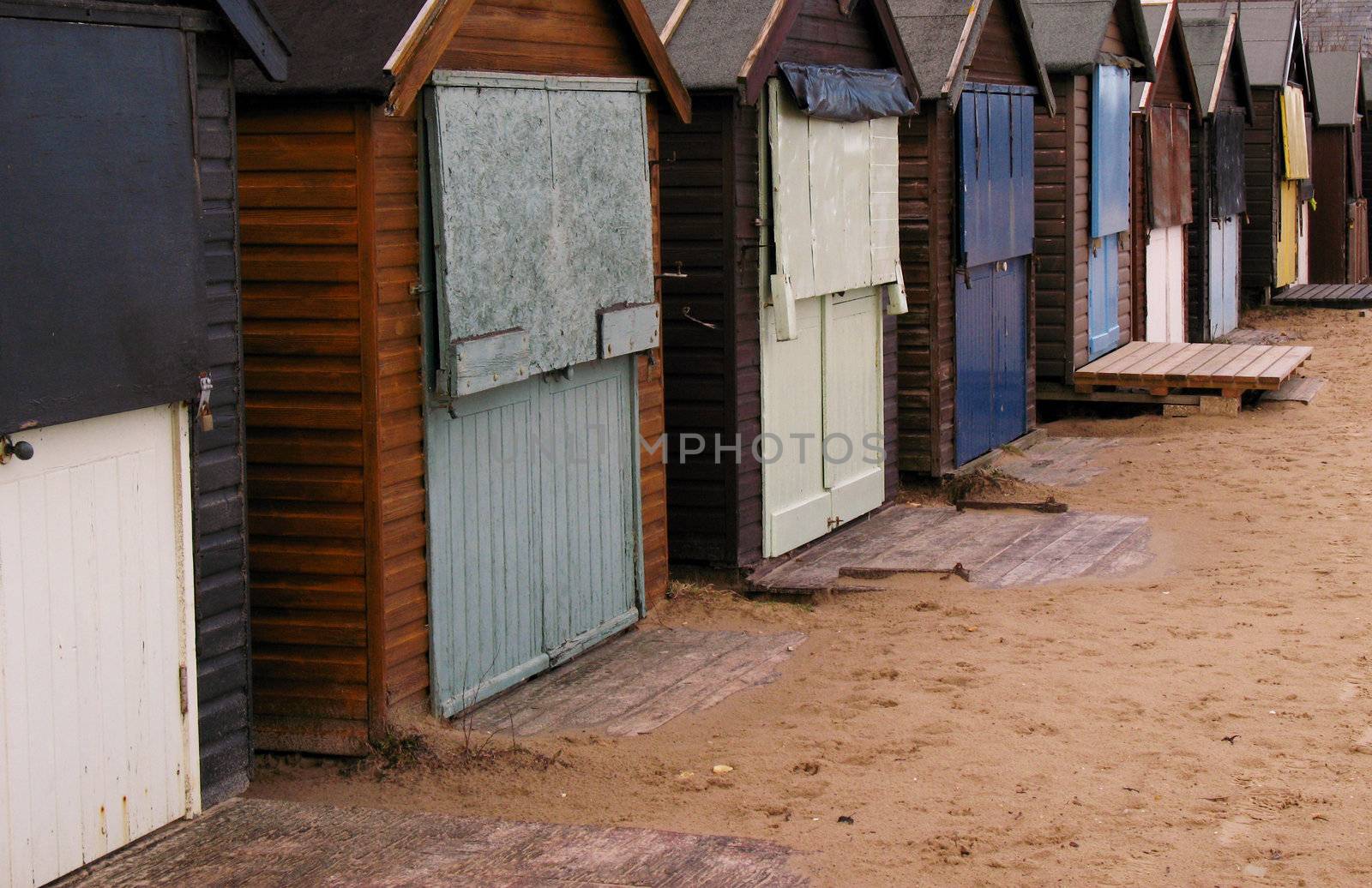 Deserted beach huts during the winter months.