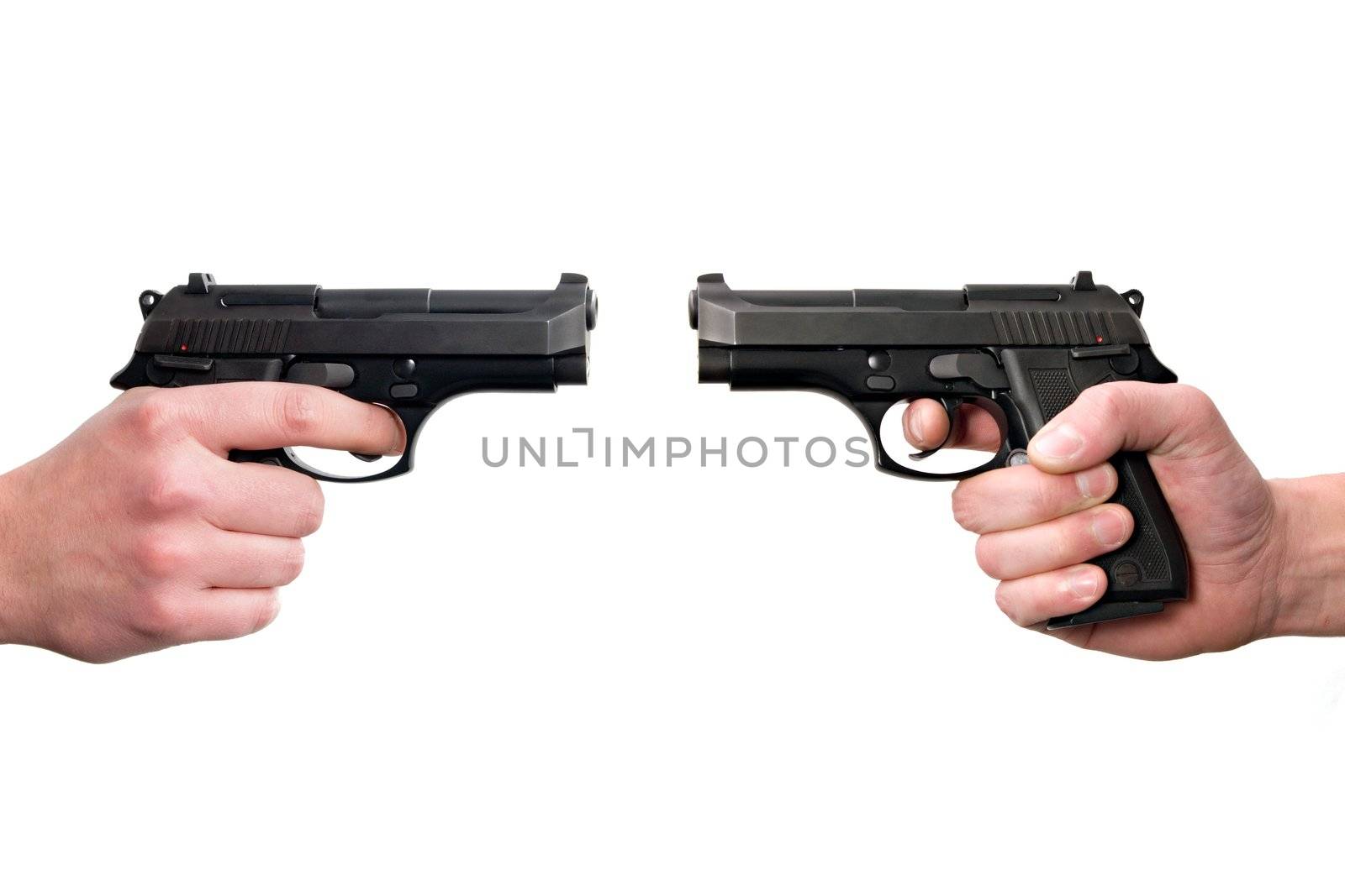 Two hands holding guns, front to front. Isolated on white background.