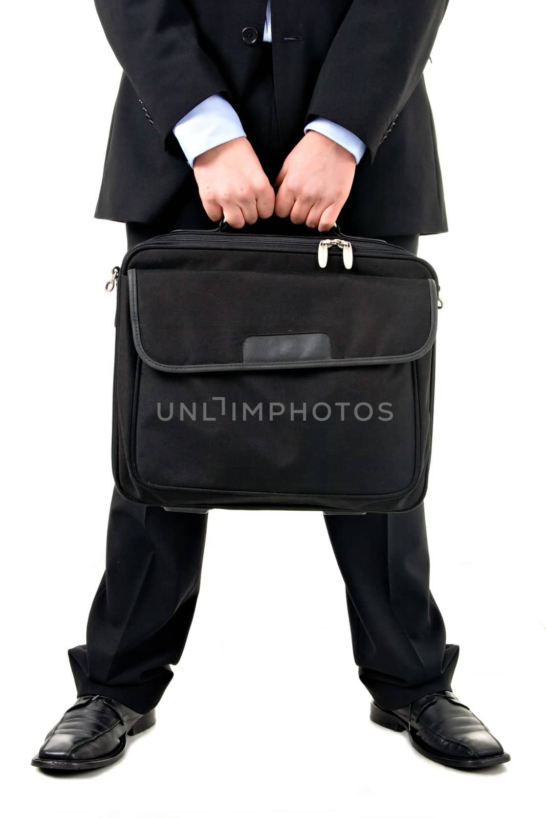 Man holding computer suitcase.