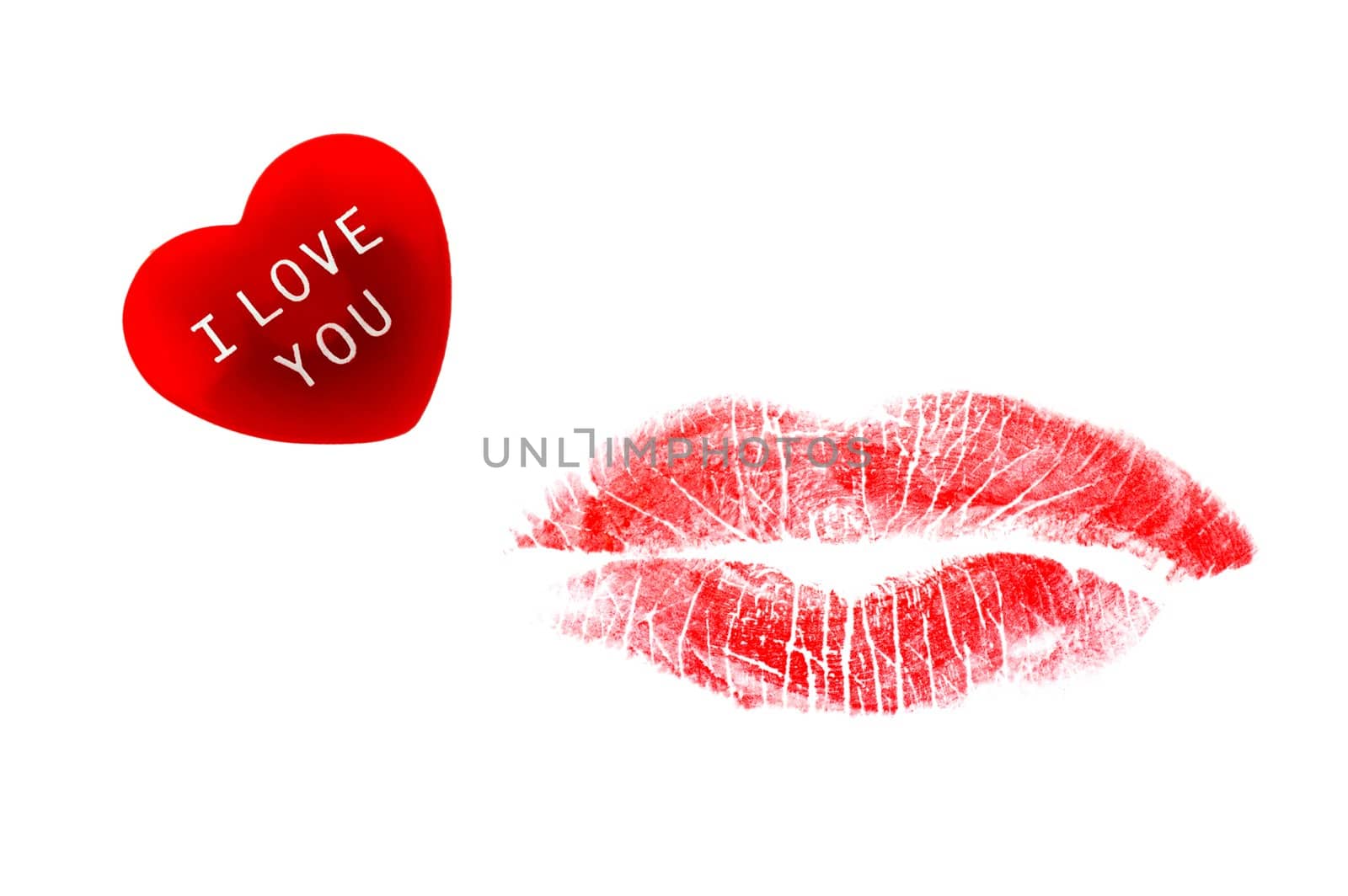 Red heart with I Love You message and lipstick kiss isolated on white