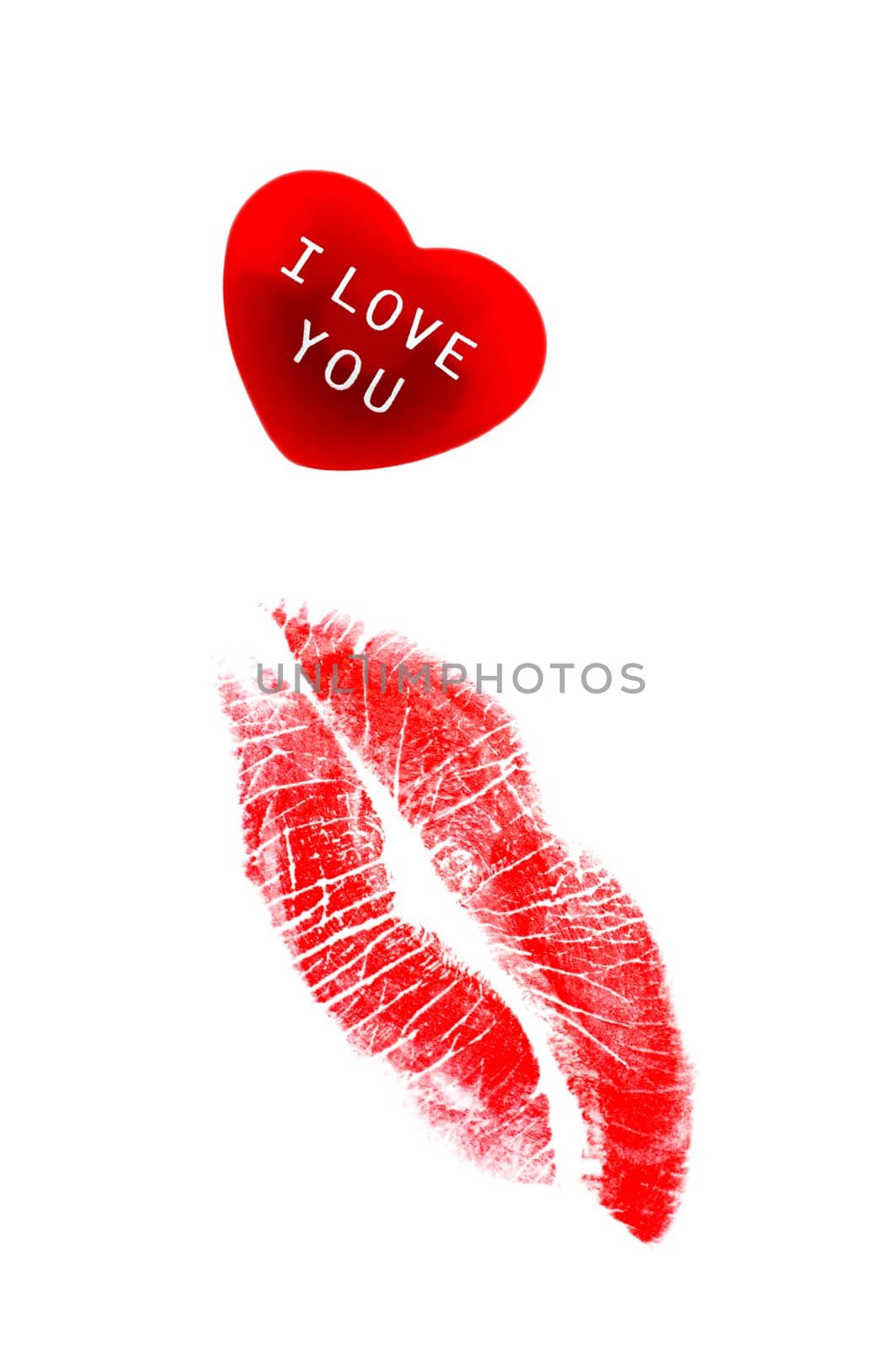 Red heart with I Love You message and lipstick kiss isolated on white