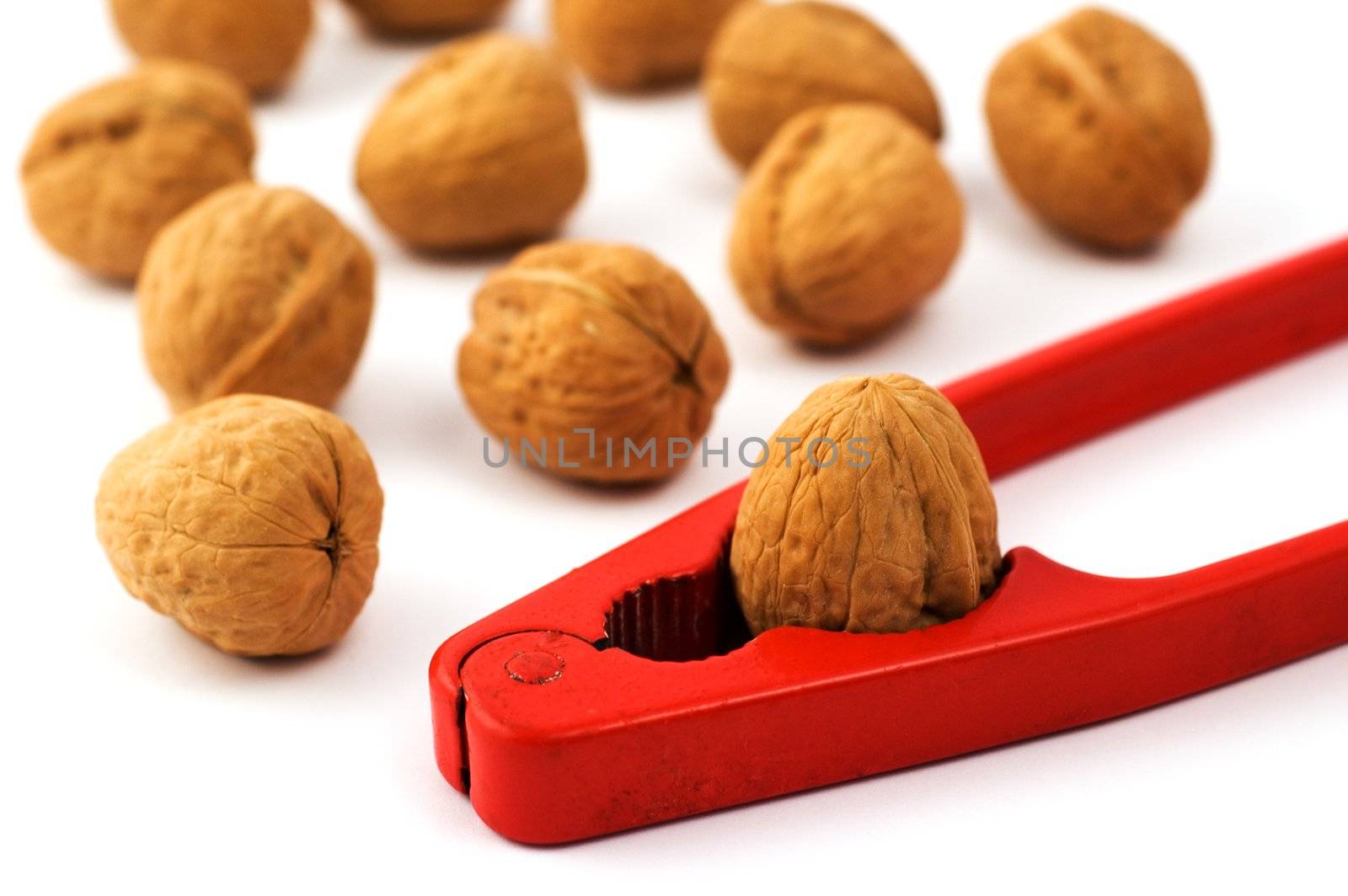 Red nutcraker with walnuts isolated on white with shallow depth of field