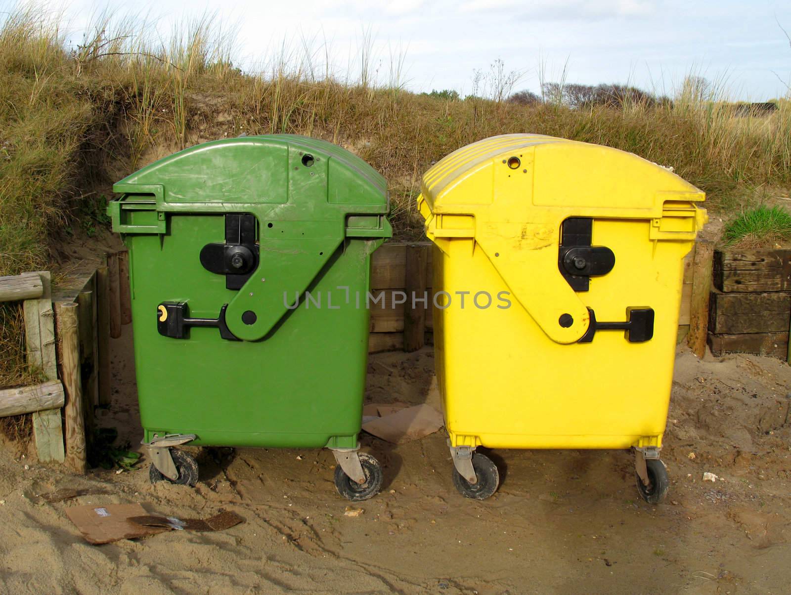 Large green and yellow bins