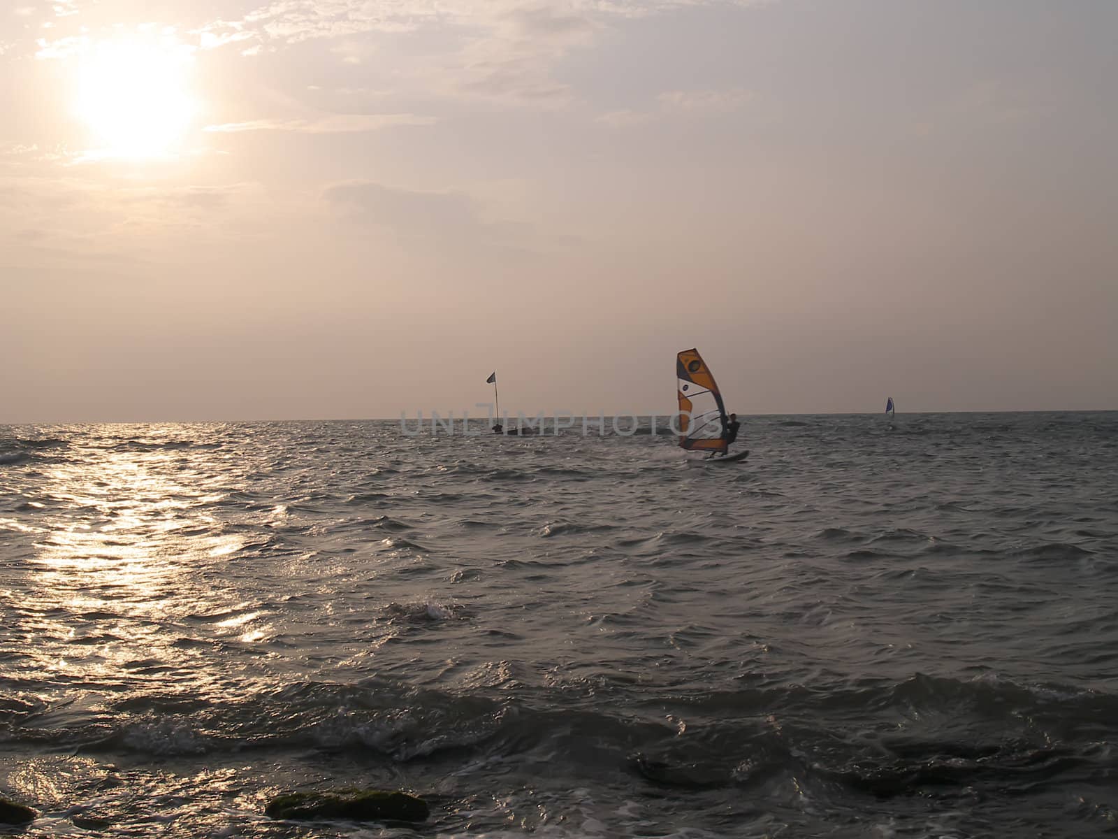 A windsurfing in front of the setting sun
