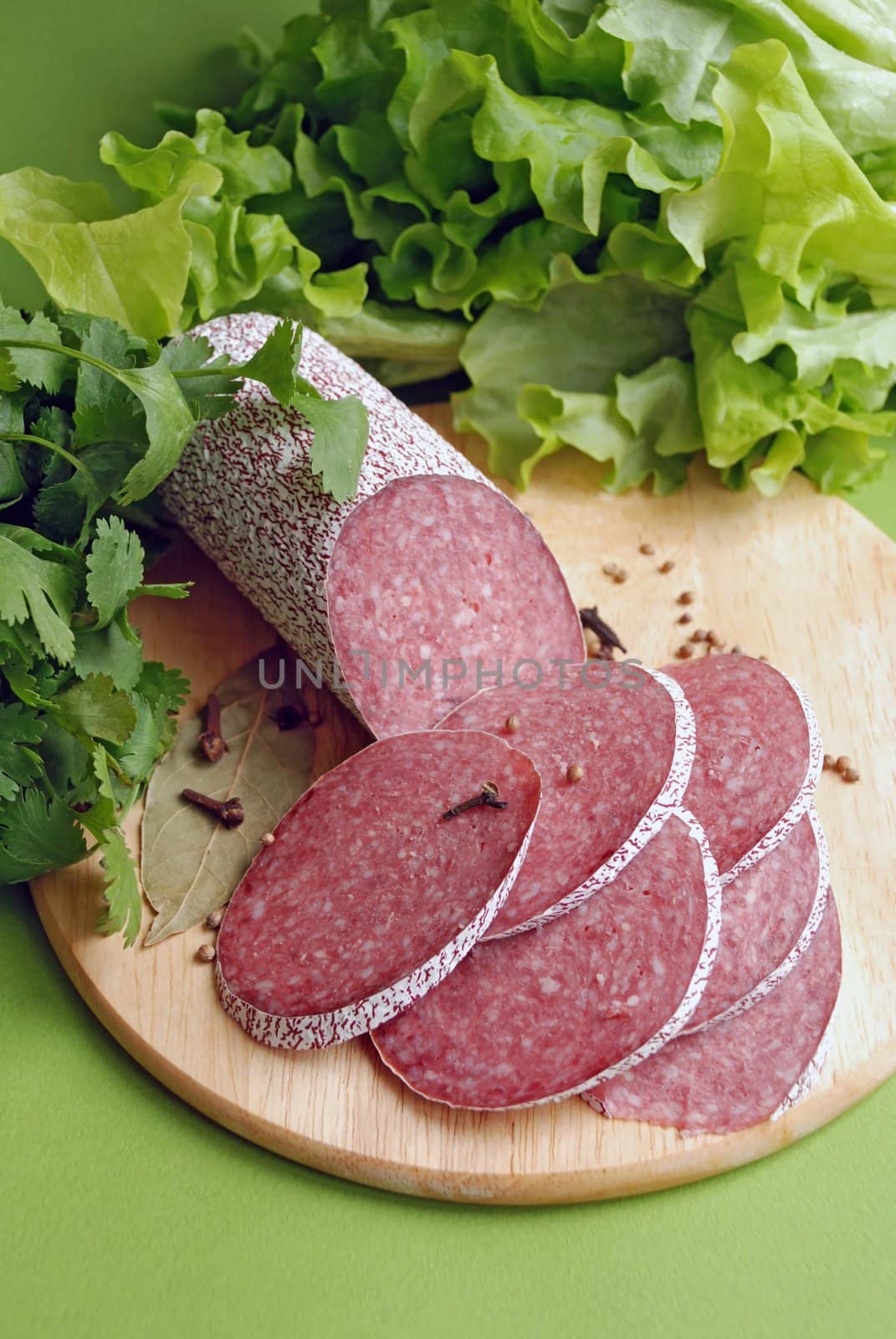 Salami sausage and littuce close up