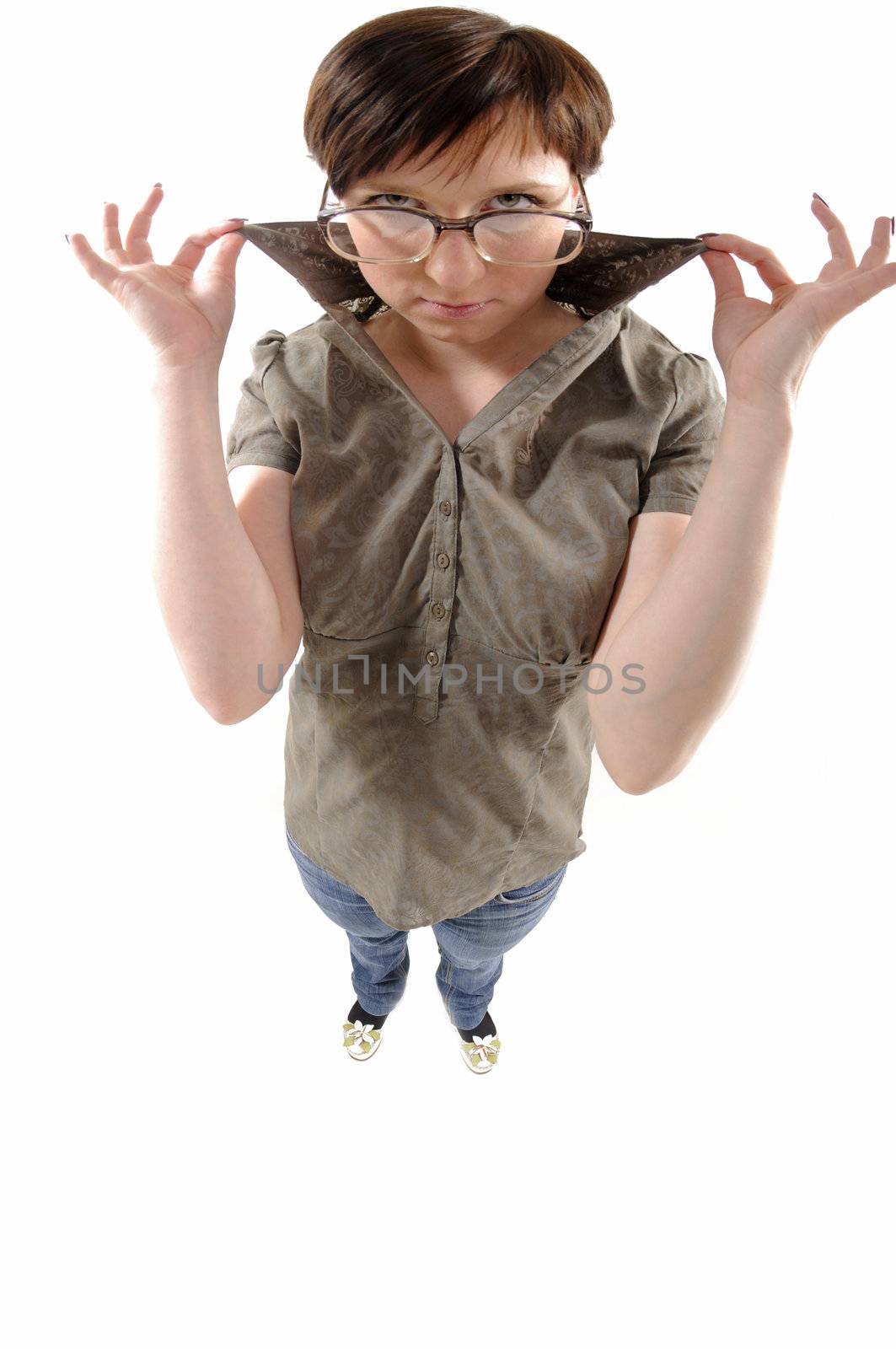 Fisheye portrait of woman in big glasses holgs collar