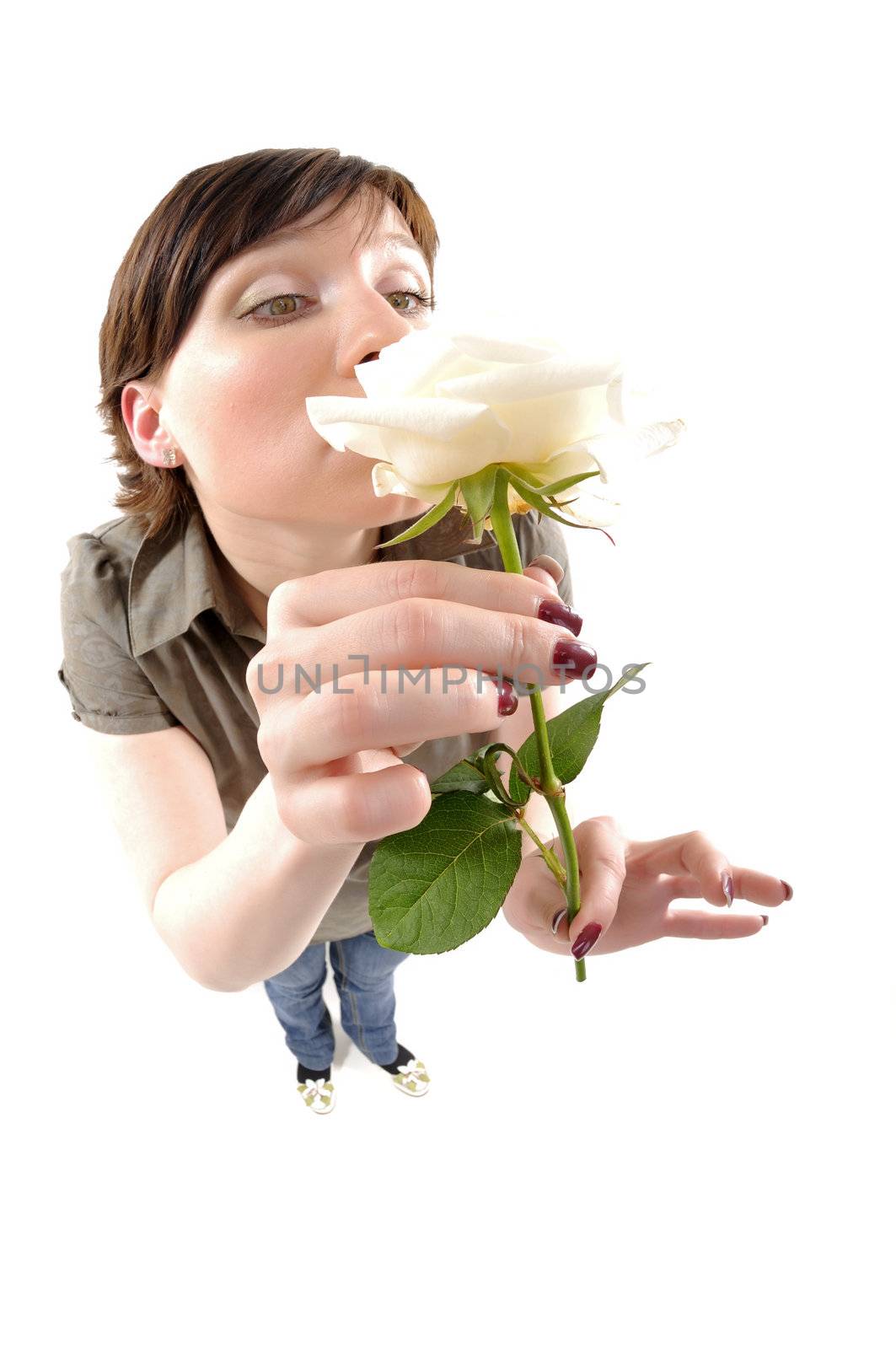 Fisheye studio portrait of woman with rose