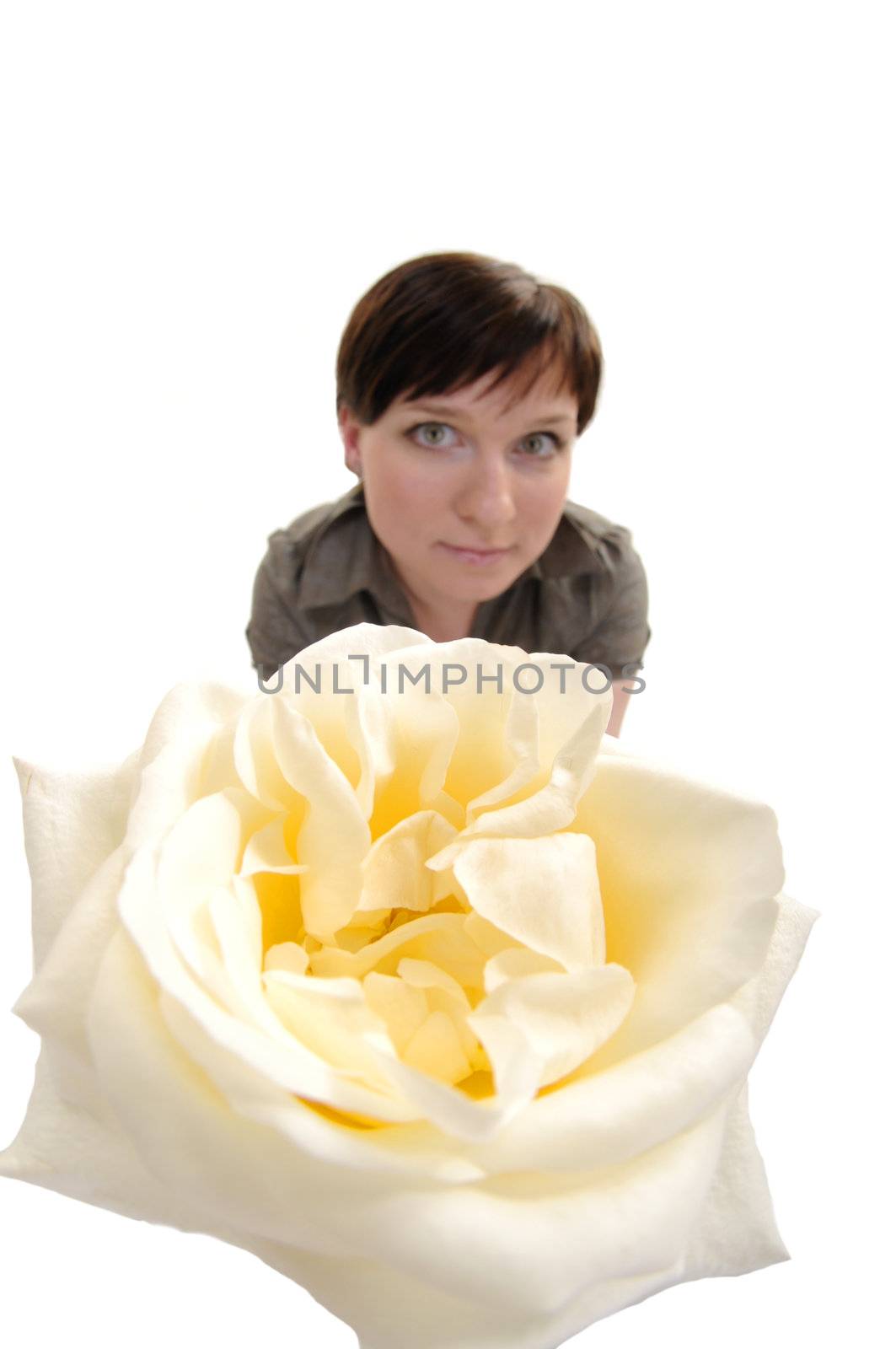 Fisheye studio portrait of woman with rose