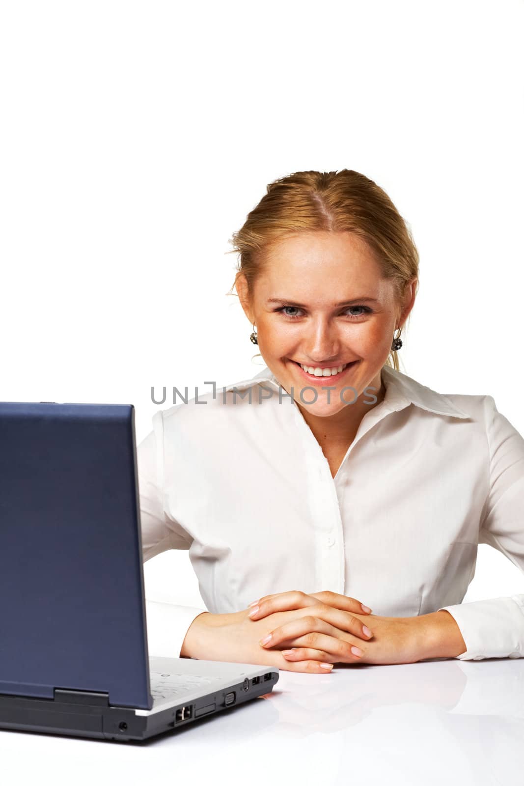 Image of a happy business woman smiling against white background by romanshyshak