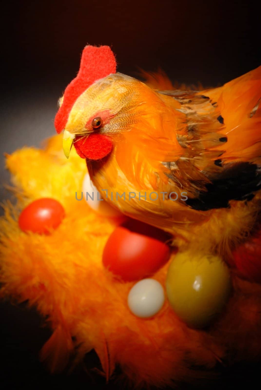 Hen and eggs in easter decorations.