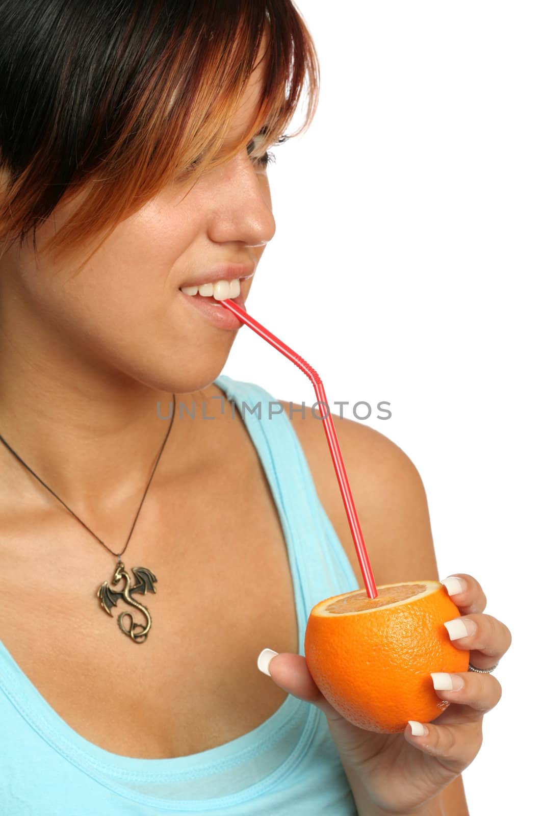 beautiful girl with sliced orange on white