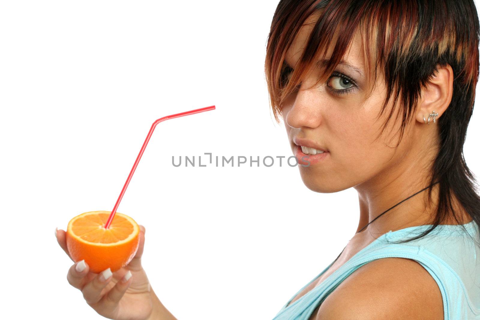 beautiful girl with sliced orange on white