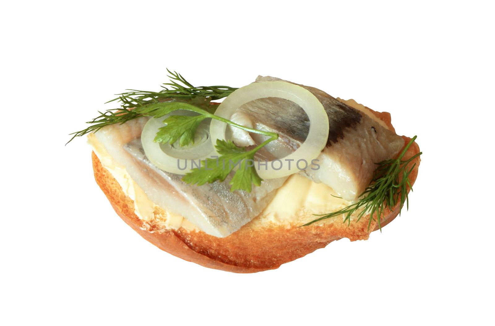 Sandwich with herring and onion isolated on white background with clipping path