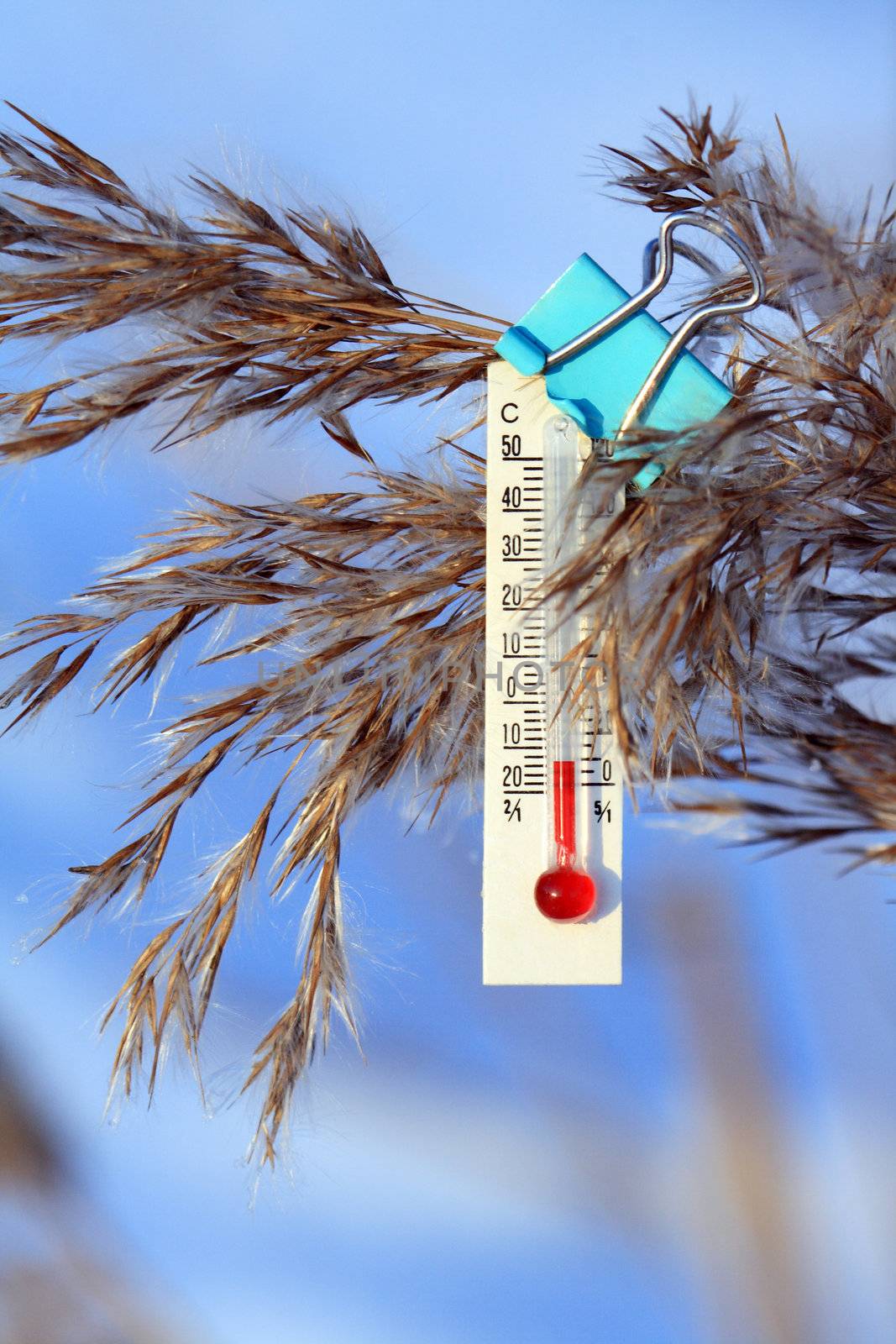 Glass bulb thermometer hanging with clasp on winter background