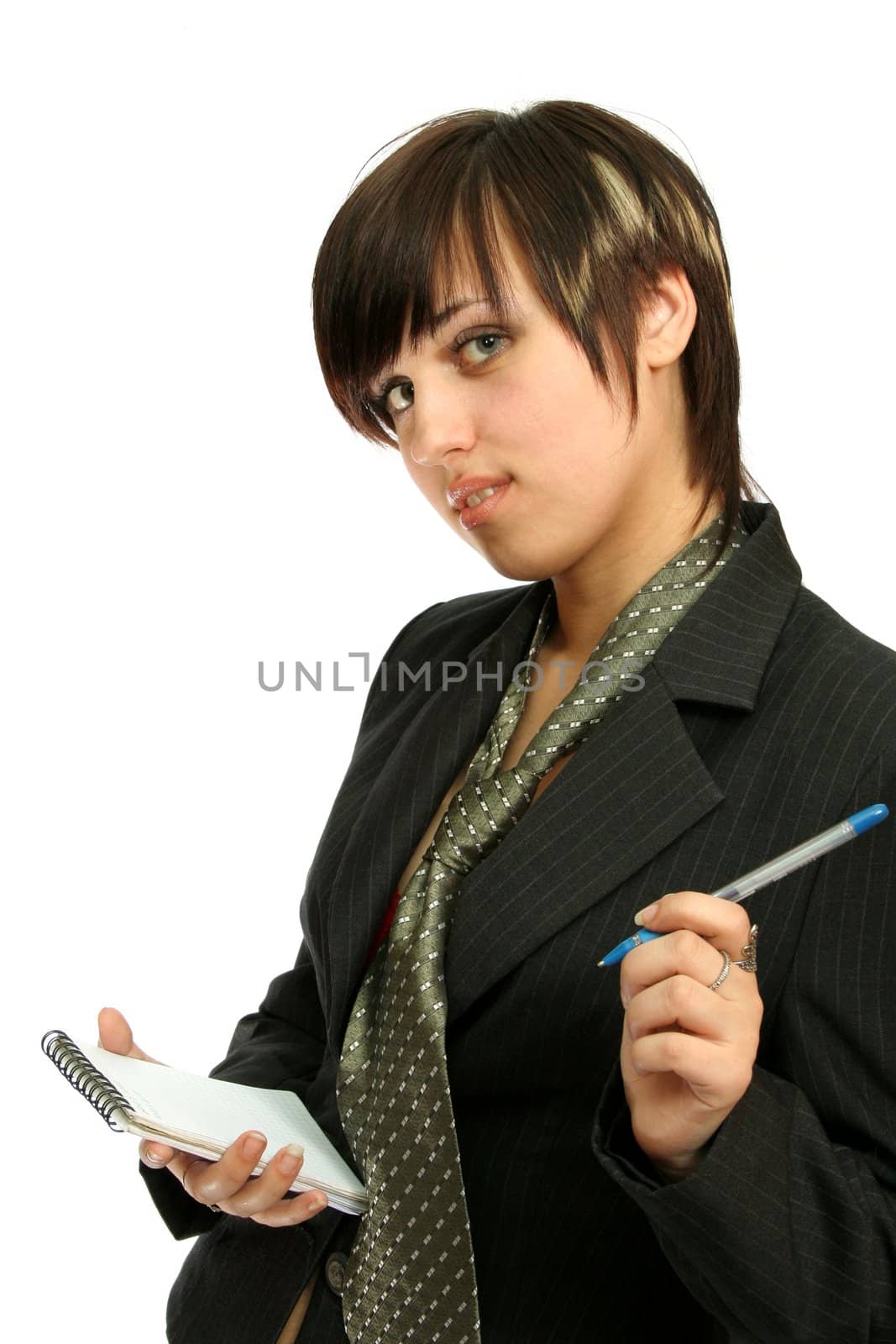 Friendly businesswoman with notebook, isolated on white