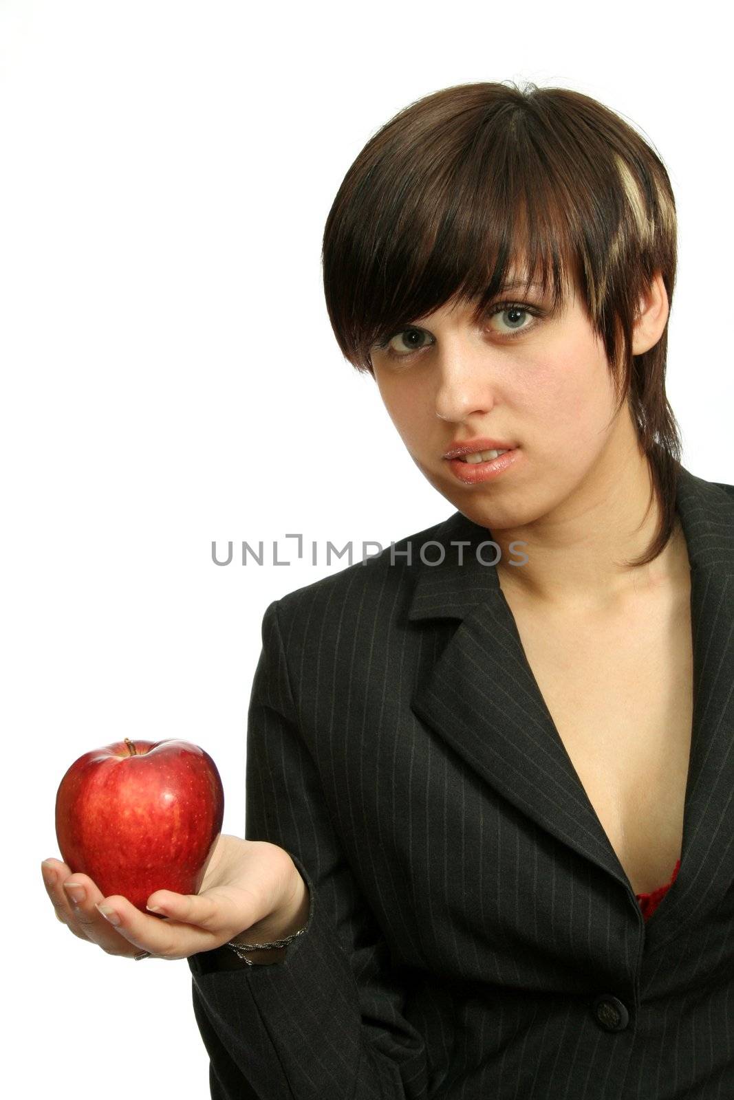 Friendly businesswoman with red apple, isolated on white