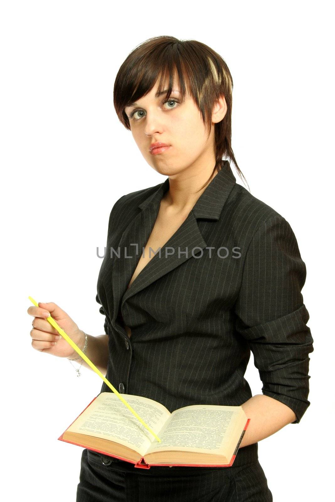 The young girl-teacher with the book, isolated on white